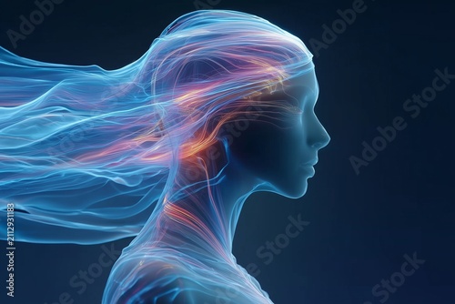 Neon woman in profile with flowing luminous hair on dark blue background