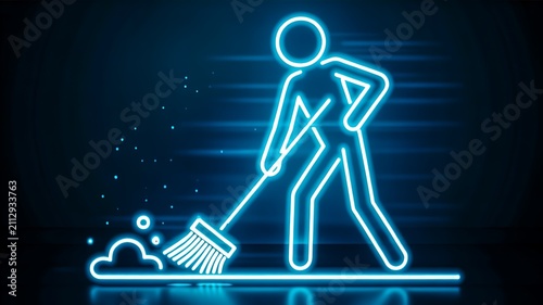 Professional cleaning service worker sweeping floor hygiene maintenance concept