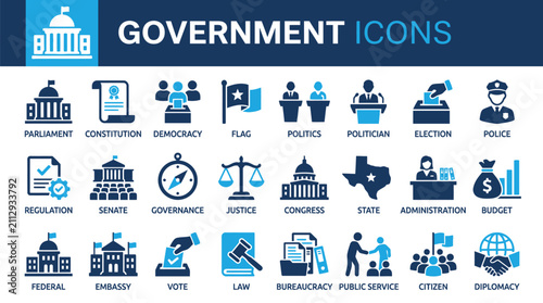 Government icons depict political systems and public services.