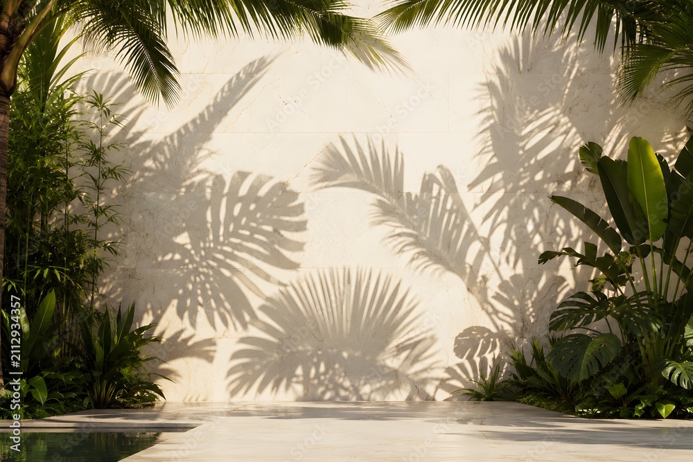 Fototapeta premium Tropical palm shadows and lush foliage on white wall with swimming pool