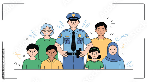 Community Guardian: A uniformed police officer stands proudly with a group of diverse community members, symbolizing safety, trust, and unity.