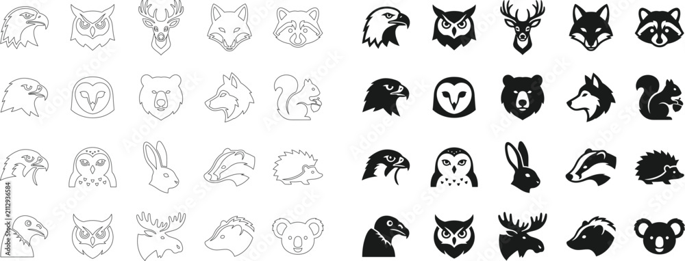 Obraz premium Silhouette - Collection of Wildlife Animal Head Icons in Various Styles