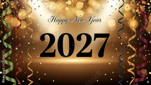 Festive Happy New Year 2027 celebration with golden confetti and colorful streamers