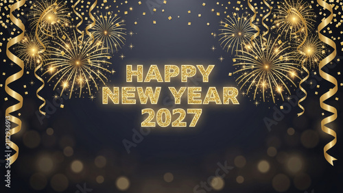 Golden fireworks and festive ribbons with happy new year 2027 text on a dark background