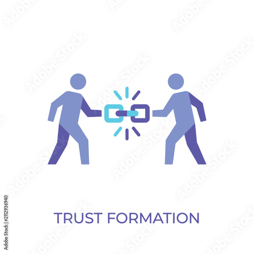 Trust formation concept with two people connecting a chain link representing teamwork and successful partnership in a flat