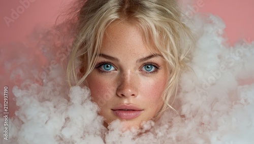Female model with blonde hair and blue eyes surrounded by soft white clouds against a pink background, showcasing beauty and fashion photography elements