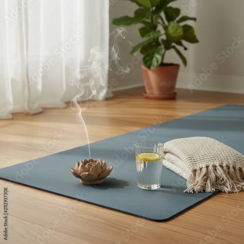 A peaceful yoga and wellness setting centered around a slate-blue fitness mat.