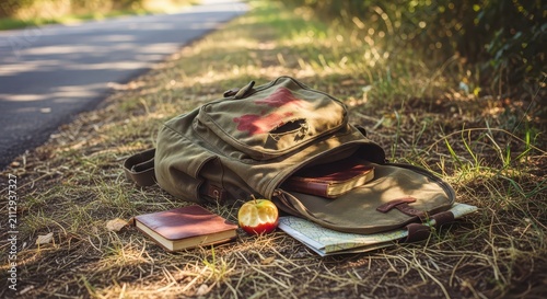 Vintage backpack with books and apple resting on the side of a rural road, evoking a sense of travel and adventure