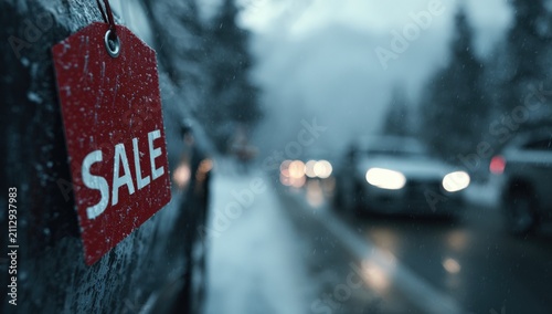 Red sale tag hanging on a car in a snowy landscape with blurred vehicles driving on a road surrounded by trees and mountains in the background