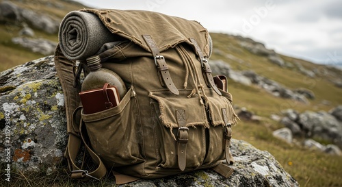 Vintage canvas backpack with canteen and journal on rocky outcrop in scenic mountain landscape, outdoor adventure gear