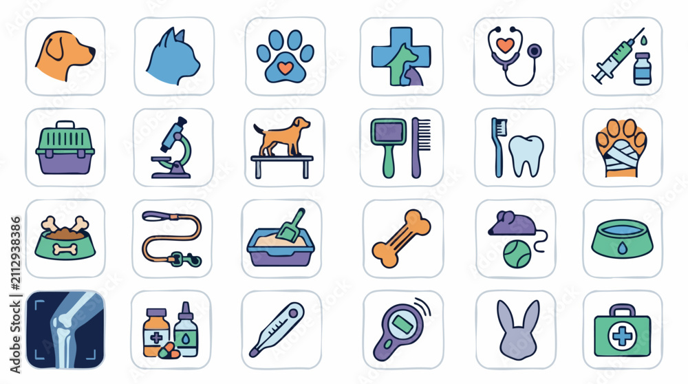 Fototapeta premium Veterinary and Pet Care Flat Design Vector Icons Set