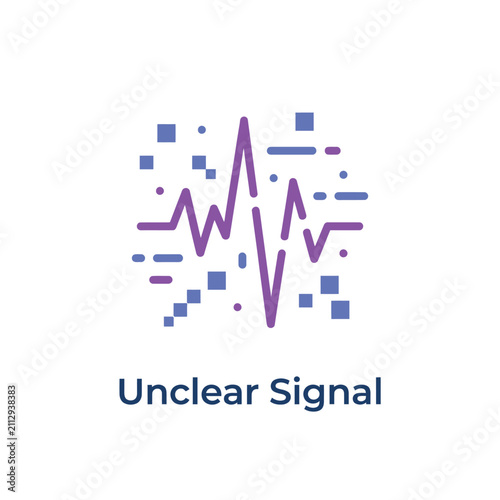 Abstract digital signal interference with purple and blue pixelated wave patterns for data communication and technology network analysis concepts