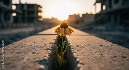 Single yellow flower growing through concrete crack at sunset, symbol of resilience and hope in urban landscape