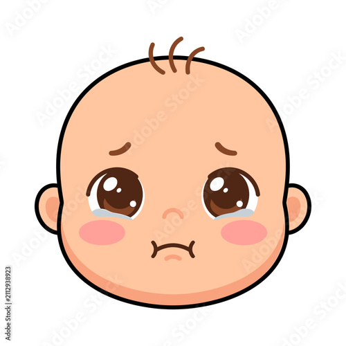 Bild auf Leinwand Crying baby face sticker with sad expression, big tearful eyes, and pink flushed