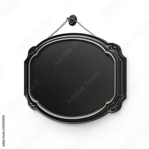 This is an ornate oval hanging plaque, with a matte black blank panel, thin gold inlaid trim, carved curved corner details, suspended by a metal chain and top wall mount