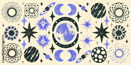 Принти на полотні Celestial bodies and starbursts textured vector illustration on a cream backgrou