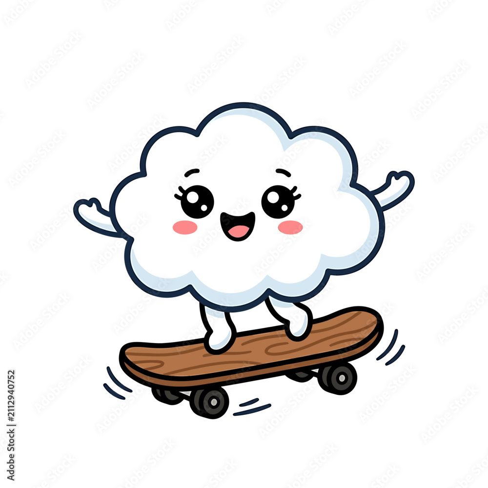 Fototapeta premium Adorable happy cartoon cloud character riding a brown skateboard, whimsical illustration of a cheerful sky cloud on wheels