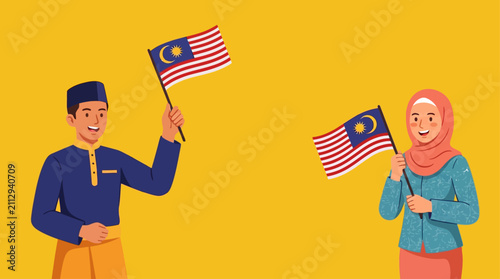 Malaysia Independence Day celebration with citizens holding national flag vector illustration
