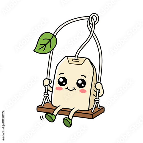 Cute Kawaii Tea Bag Character Having Fun on a Swing Cartoon Vector Illustration