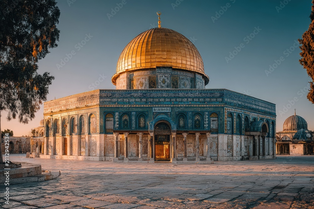 Obraz premium Golden Dome of the Rock mosque with intricate tile work and stone architecture, surrounded by trees and clear blue sky in Jerusalem, Israel during sunset