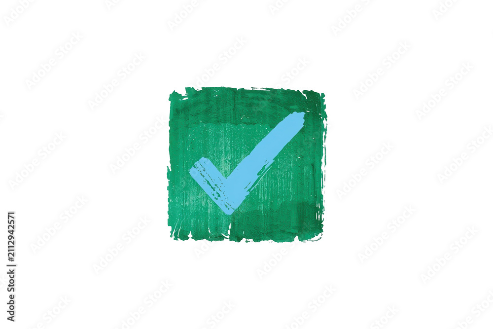 Fototapeta premium Painted green checkbox with blue checkmark
