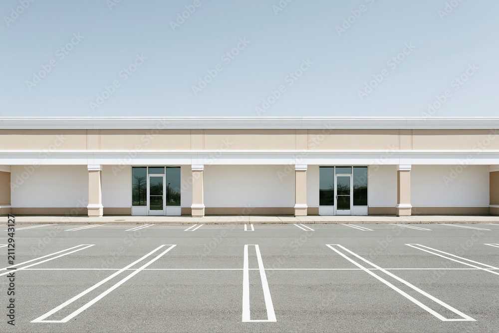 Fototapeta premium Empty Retail Storefronts with Parking Lot Under Clear Blue Sky