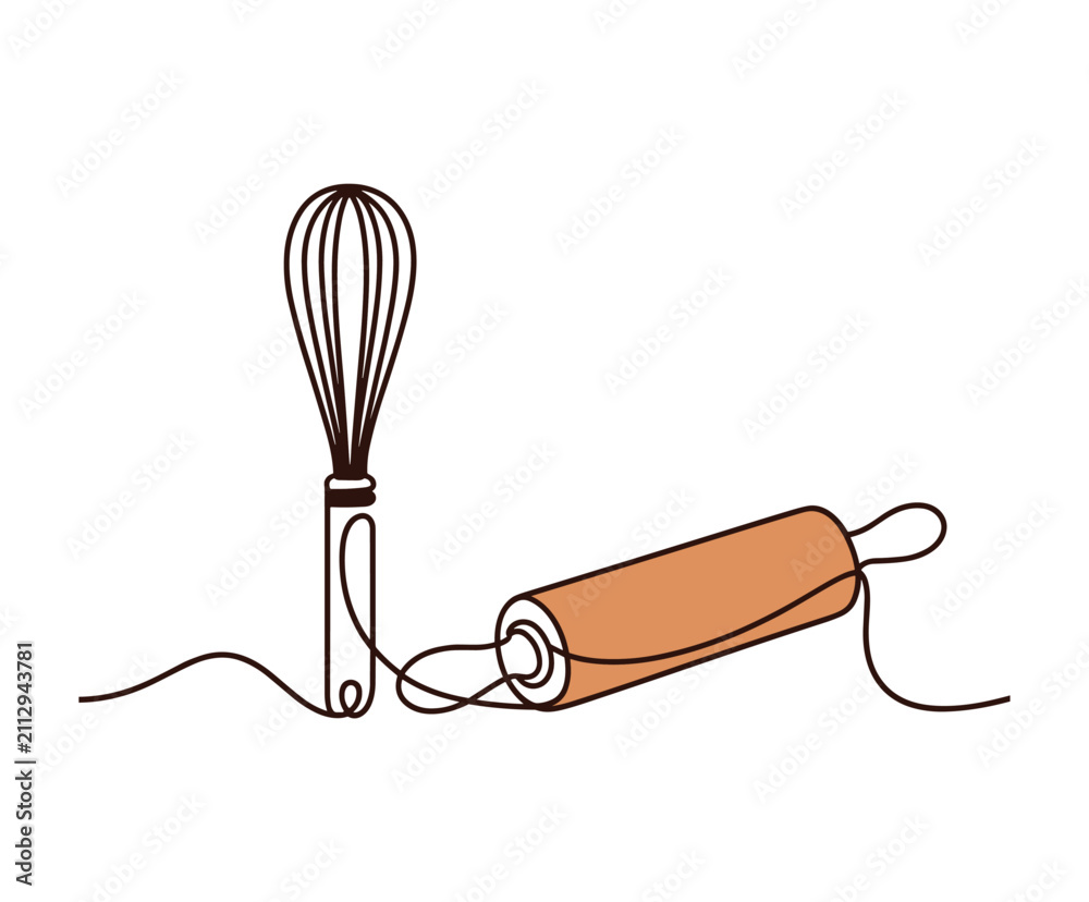 Obraz premium Kitchen whisk and rolling pin in a continuous line style on a plain white background.