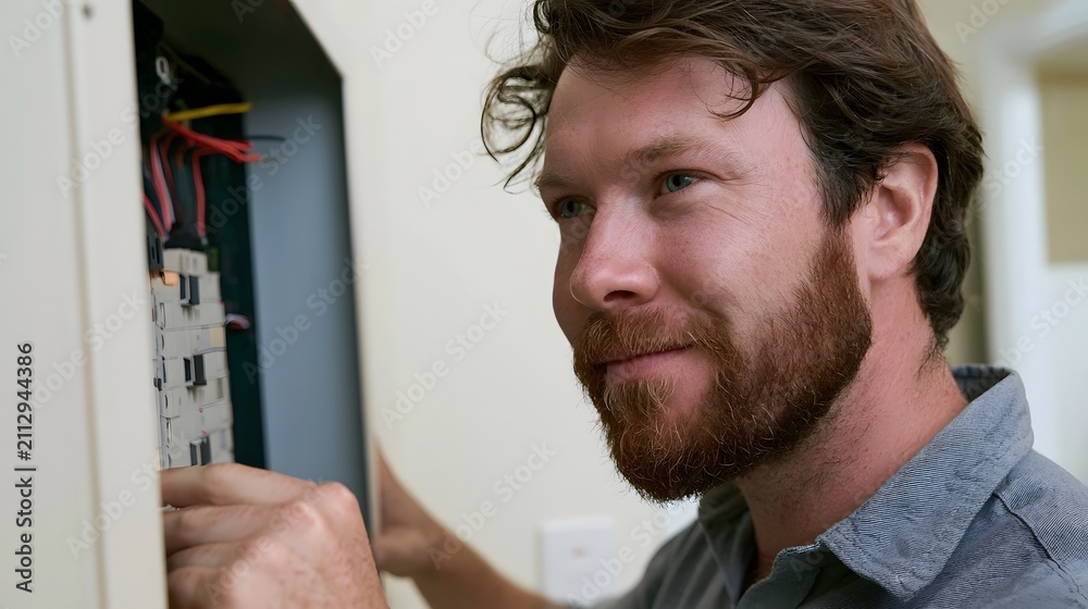 Fototapeta premium A man with a beard is working on an open electrical panel with wires and circuit breakers visible