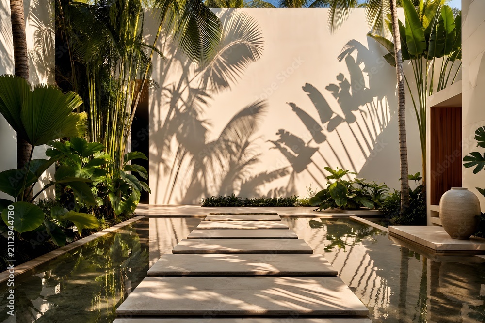 Fototapeta premium Luxury stepping stone path over tropical pool with palm leaf shadows