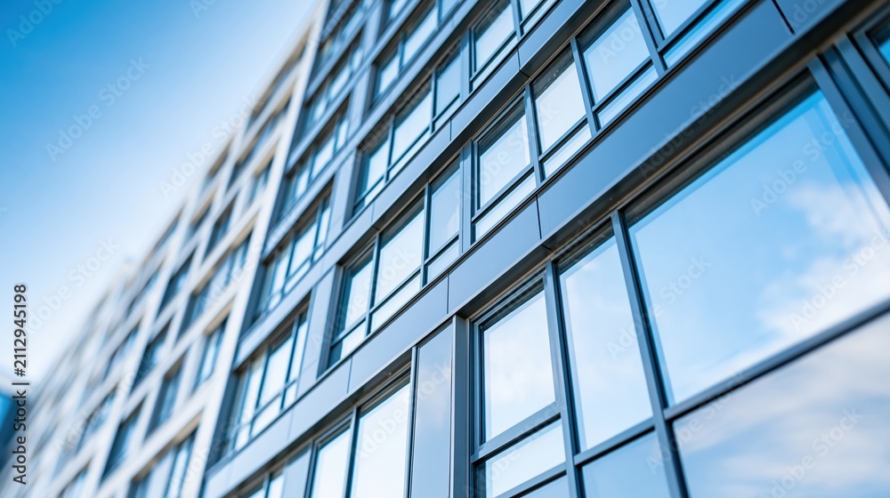 Obraz premium Modern Office Building Facade with Reflective Glass Windows Under a Bright Blue Sky