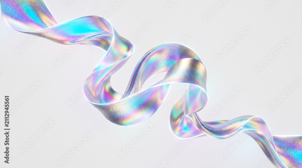Fototapeta premium Iridescent holographic foil abstract glowing ribbon twisting dynamically in a 3D space.