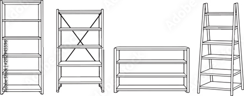 Empty Black and white outline line art Shelving Units vector