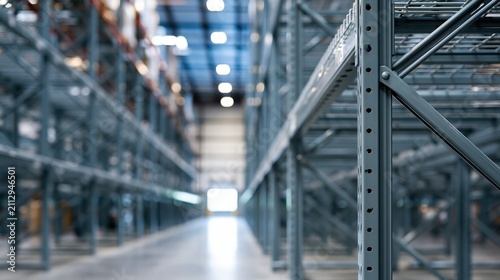 Empty industrial warehouse shelving racks with aisle perspective, modern logistics and storage solutions