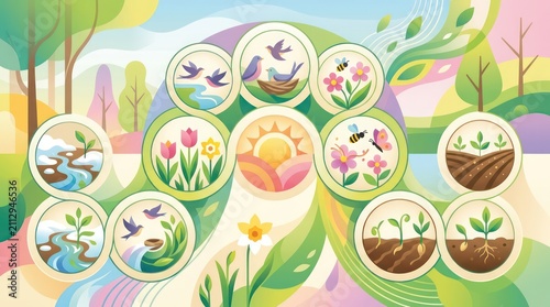 Abstract nature illustration showing growth cycles and wildlife
