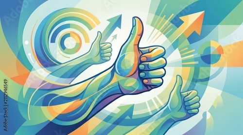 Dynamic abstract illustration with thumbs up signs and growth arrows