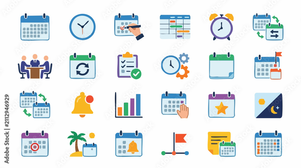 Fototapeta premium Time management, calendar, and schedule flat design icons set