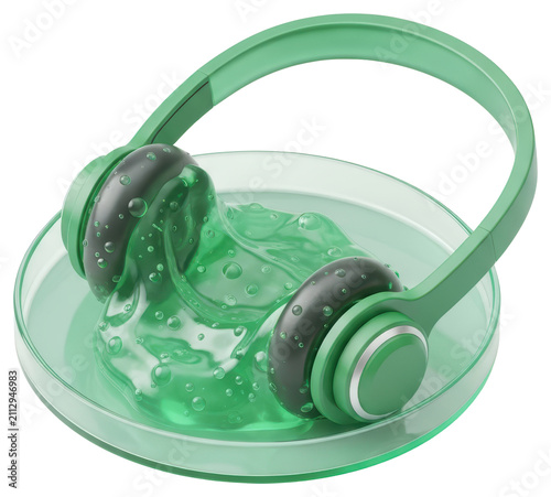 Green headphones with melting gel on a glass plate over transparent background
