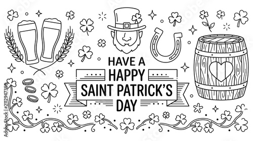 Obraz na plátně Happy saint patricks day line art banner with beer barrels leprechaun and shamrock icons
