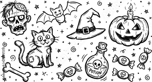 Fotografie Hand-drawn doodle collection of Halloween elements, including a zombie cat, pump