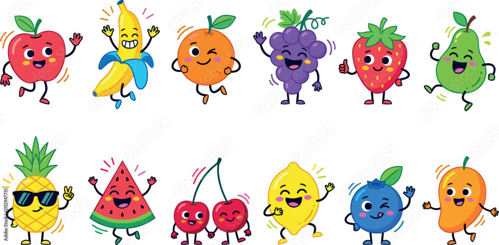Fototapeta premium Cute Cartoon Fruit Mascot Character Collection with Happy Apple Banana Orange Grapes Strawberry Pear Pineapple Watermelon Cherry Lemon Blueberry and Mango Stickers