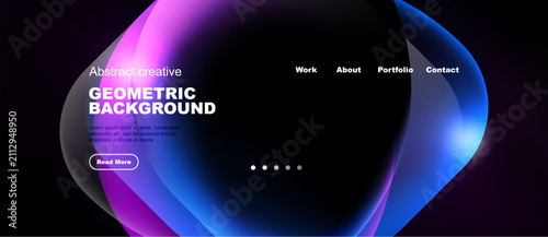 Modern website mockup features vibrant abstract shapes, text elements, navigation menu. Dark background enhances colorful design.