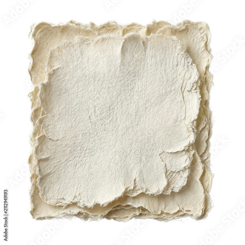 Handmade paper stack with raw edges isolated on a transparent background for creative design projects