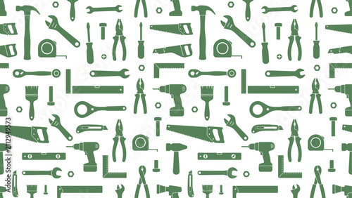 Seamless vector pattern of green hand tools silhouettes on white background. Home improvement, DIY, construction, and repair tools flat design. Flat vector illustration EPS 10.
