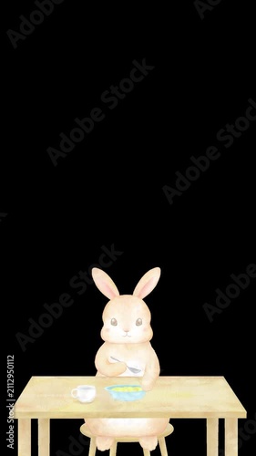 温かいスープを食べる可愛い子うさぎの水彩風縦型ループアニメーション。余白のあるアルファチャンネルのフレーム。