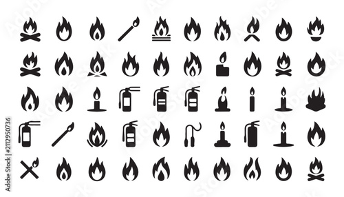 фотографія Fire and flame icon set featuring bonfires candles torches and fire extinguishers vector graphics