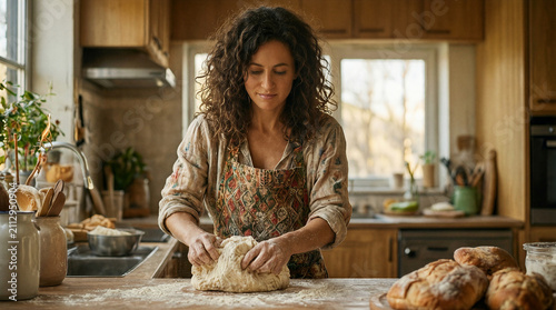 Woman baking bread in home kitchen wearing patterned apron while kneading dough on wooden table