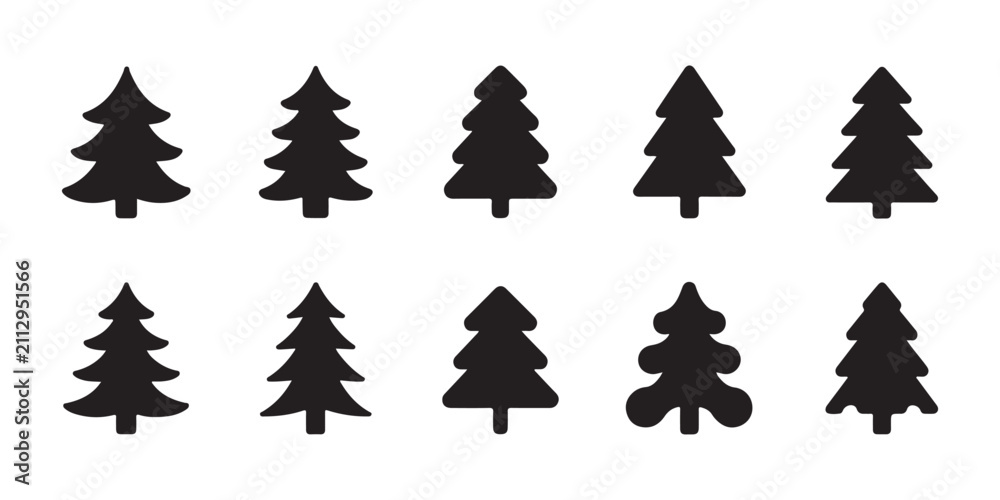 Obraz premium Collection of black stylized Christmas trees on transparent checkered background for festive winter design.