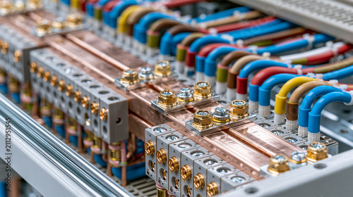 Close up shot of copper busbars and colorful wiring in an electrical power distribution cabinet, showing precise terminal connections, bolts, and industrial circuit components.