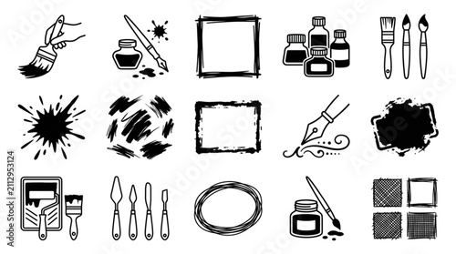 Black and white hand drawn art supplies collection.