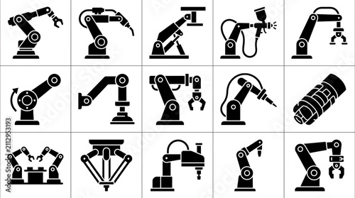 Industrial Robotic Arm Set Factory Automation Mechanical Manipulators Vector Icons